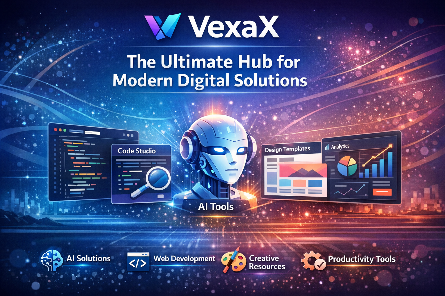 VexaX, digital solutions, AI tools, web development, online resources, tech hub, productivity tools, software solutions